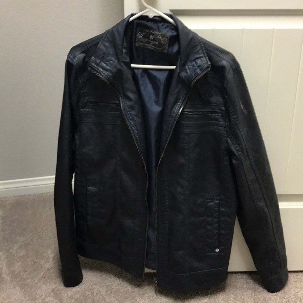 Division E navy blue leather jacket